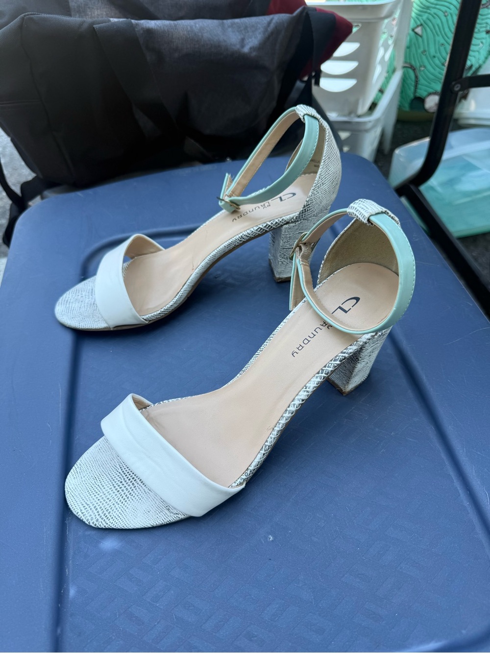 CL by Laundry White and Light Blue Ankle Strap Block Heels